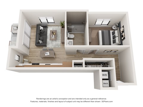 A 3D floor plan of a house with a kitchen, living room, and bedrooms.