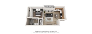 A 3D floor plan of a modern apartment with a living room, kitchen, and bedroom.