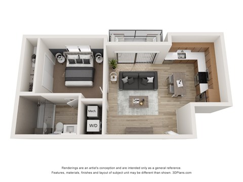 A 3D floor plan of a modern apartment with a living room, kitchen, and bedroom.