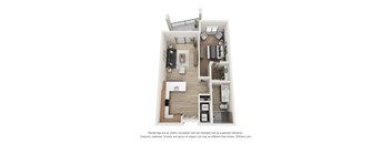A 3D floor plan of a small apartment with a kitchen, living room, and two bedrooms.