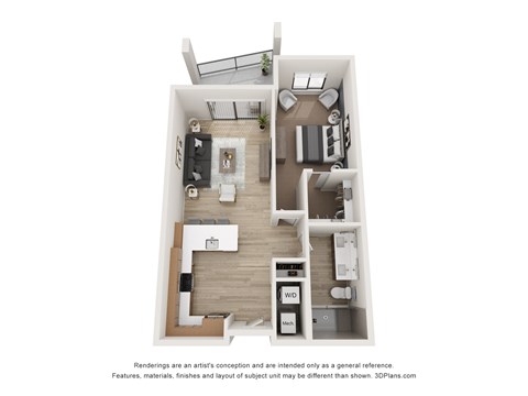 A 3D floor plan of a small apartment with a kitchen, living room, and two bedrooms.