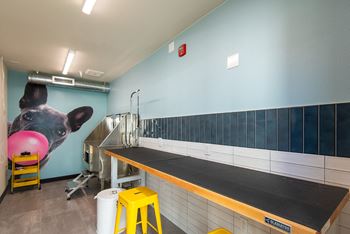 a mural of a pig on the wall of a kitchen