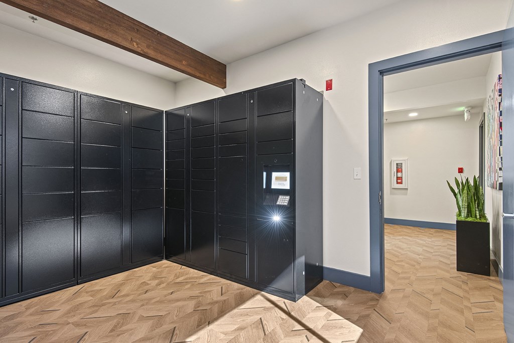 a pair of black lockers in a room with a wood floor