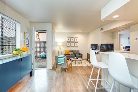 a living area with a bar and a kitchen with a dining table and chairs