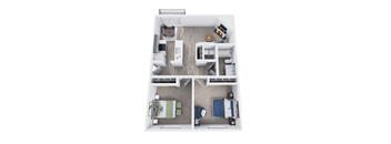 A top down view of a small apartment with a bedroom, living room, and kitchen.