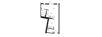 A floor plan of a small apartment with a living room, kitchen, bathroom, bedroom, and closet.