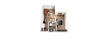 A top down view of a small apartment with a kitchen, living room and bathroom.