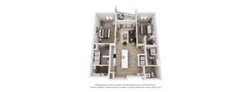 A 3D floor plan of a small apartment with a kitchen, living room, and two bedrooms.