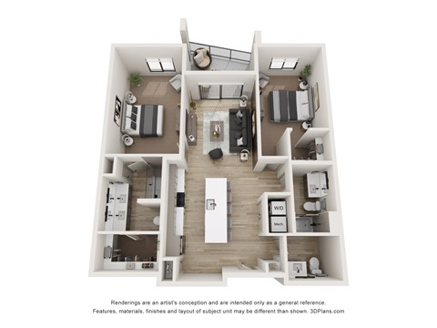 A 3D floor plan of a small apartment with a kitchen, living room, and two bedrooms.