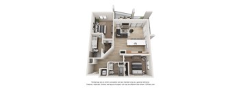 A 3D floor plan of a house with a kitchen, living room, and two bedrooms.