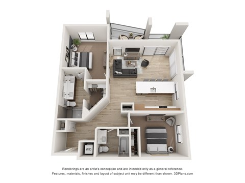 A 3D floor plan of a house with a kitchen, living room, and two bedrooms.