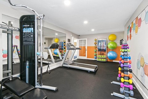 A gym with a variety of equipment including a treadmill, weights, and a bench press. at Brookstone, Washington, 98198