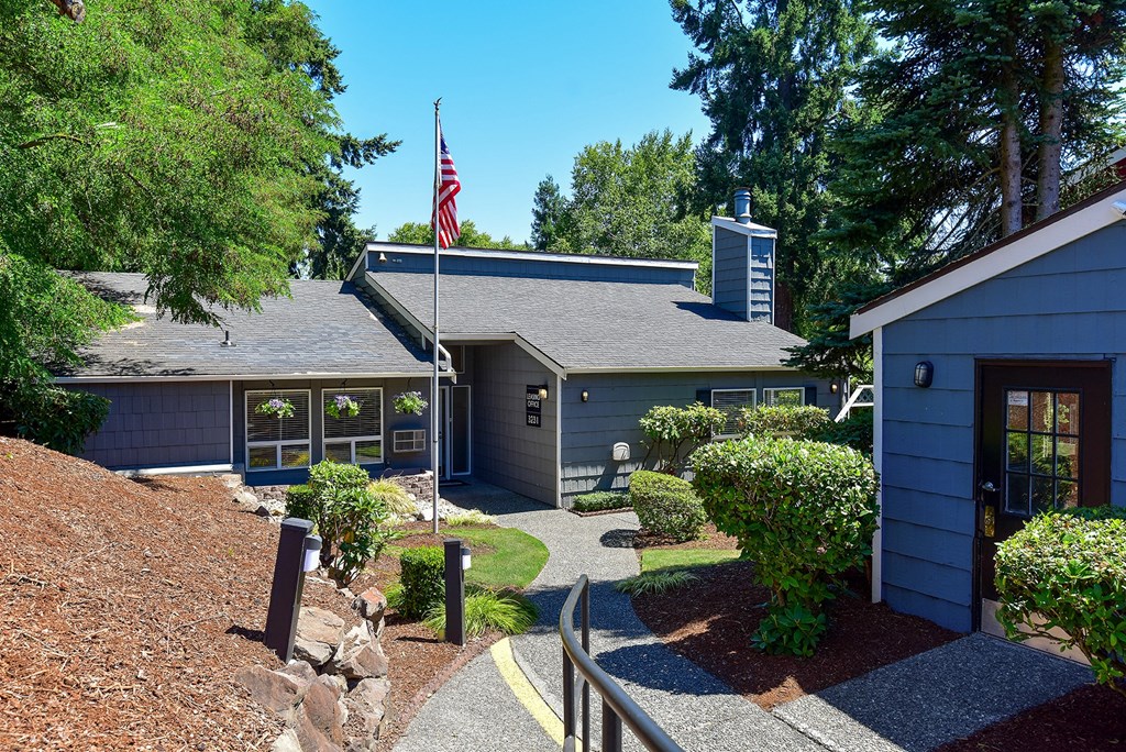 a house with an american flag in front of it