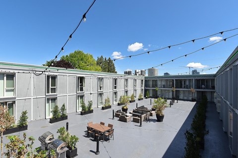 a courtyard with seating and plants on a sunny day at Cosmopolitan, Seattle