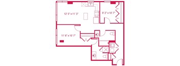 A floor plan of a room with dimensions and furniture layout.
