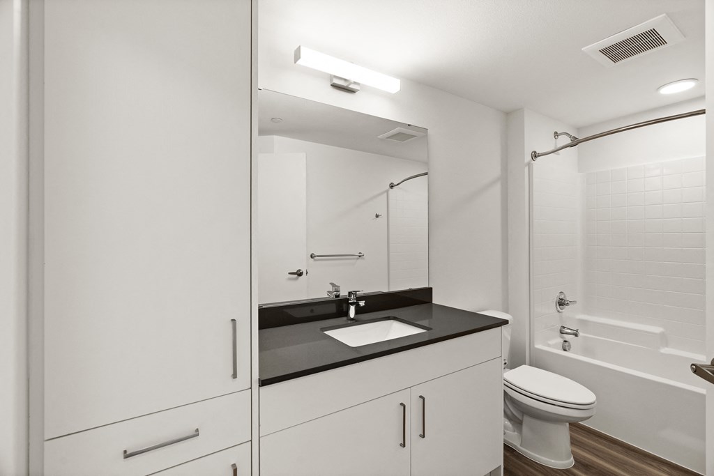 a bathroom with a sink and a toilet and a shower