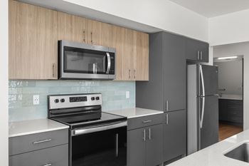 a kitchen with black cabinets and a stove and a microwave