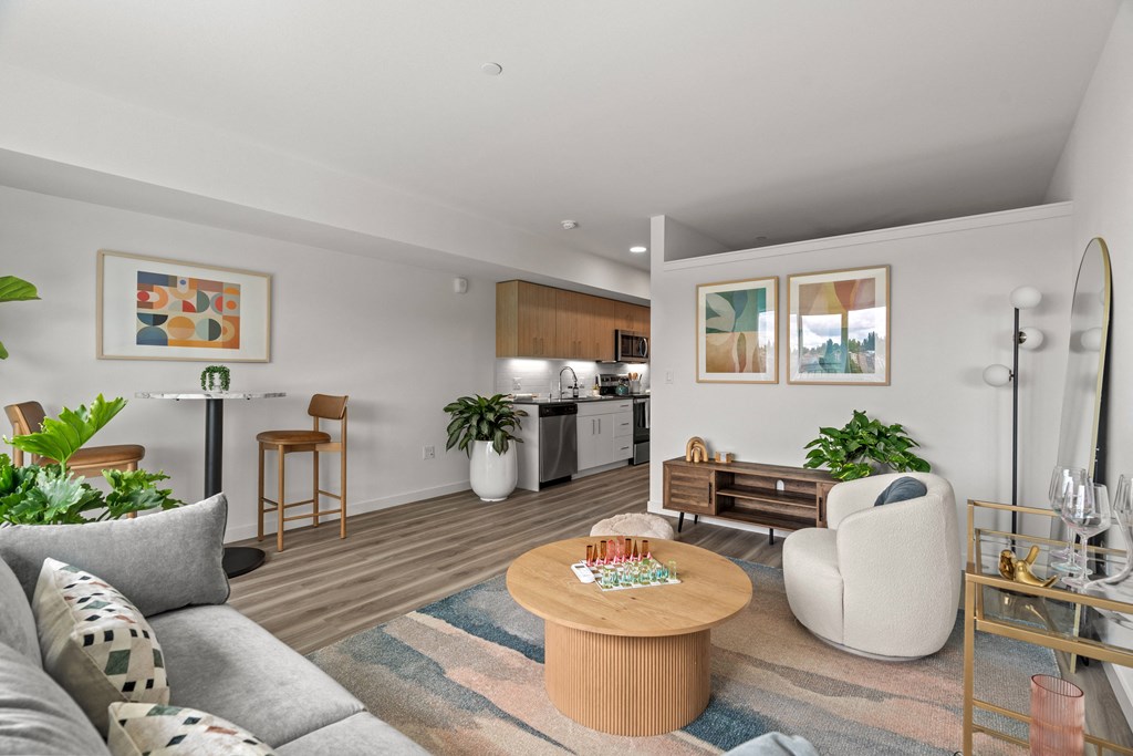 a living room with a couch and a table