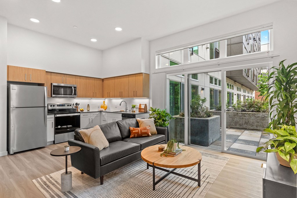 a living room with a couch and a table