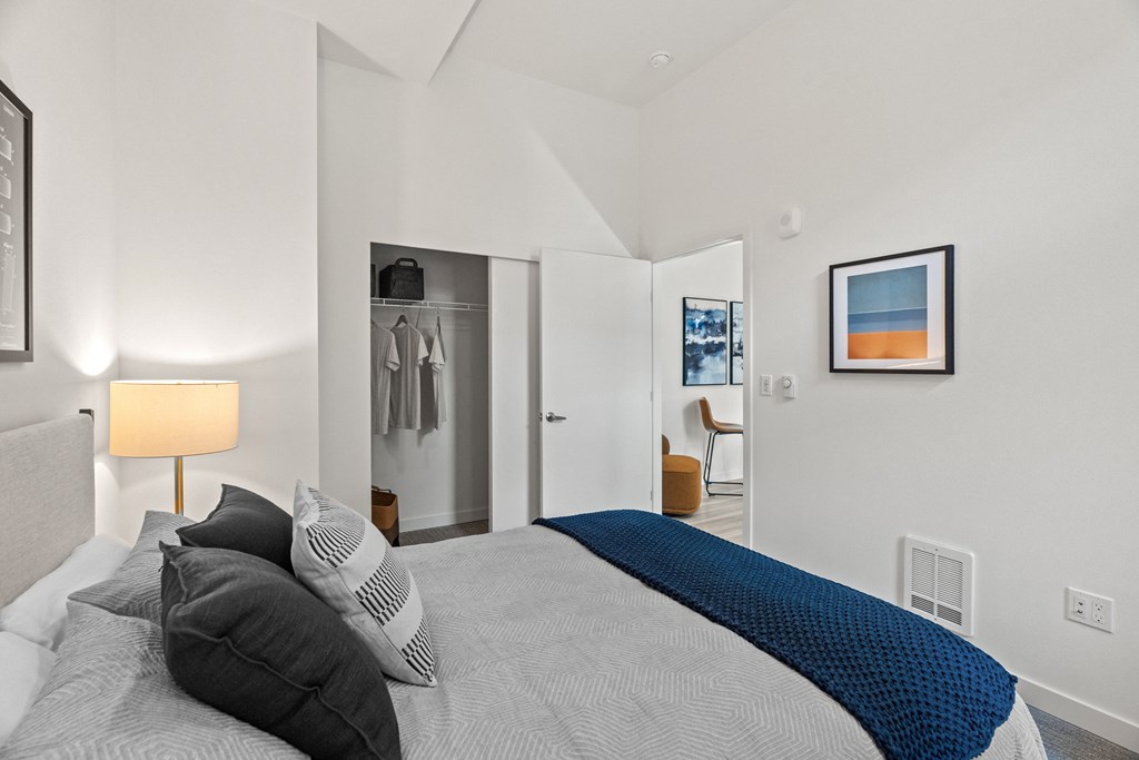 a bedroom with a large bed and a closet