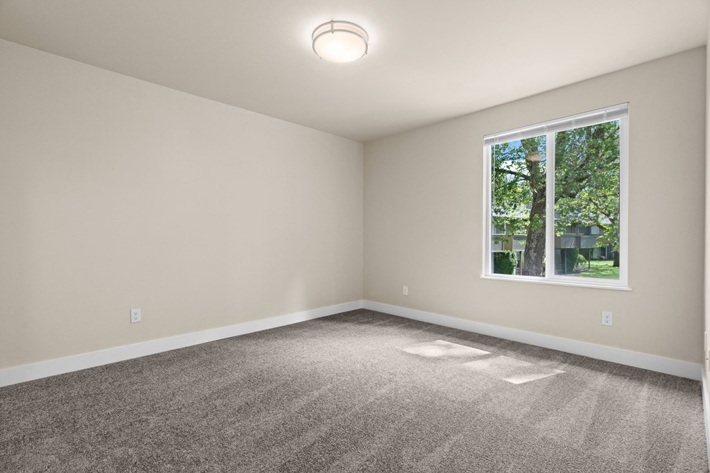 an empty room with carpet and a window