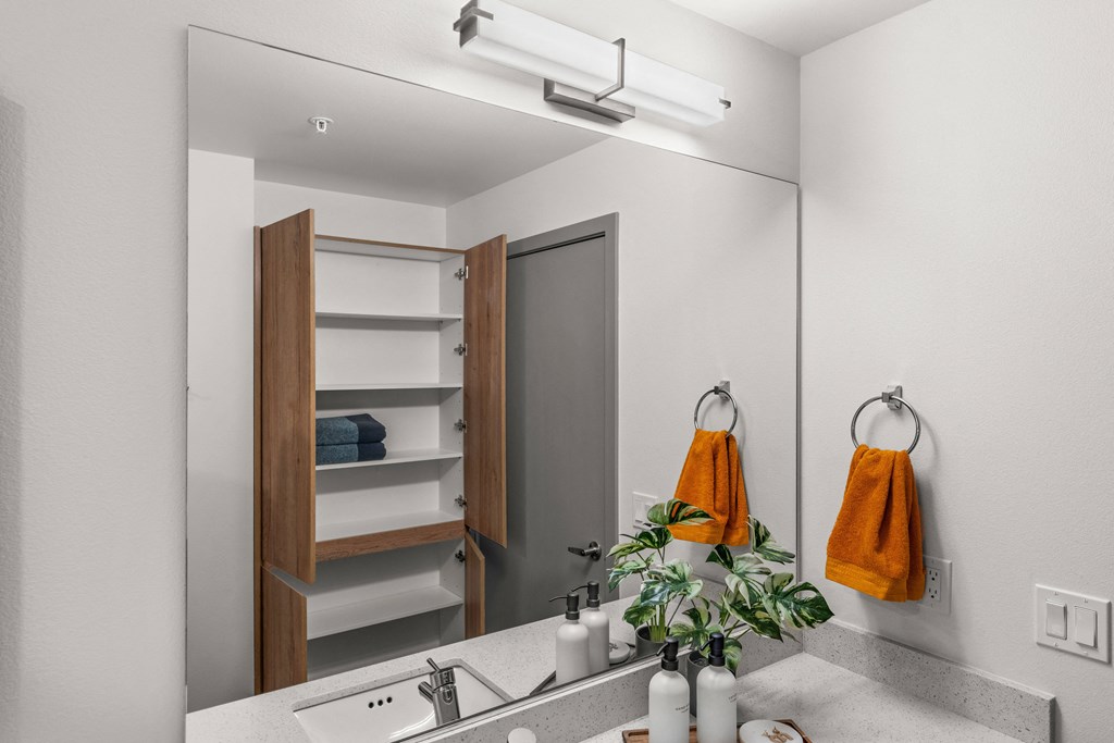 a bathroom with a sink and a mirror and a closet at Gage On Sixth, Tacoma, WA 98406 