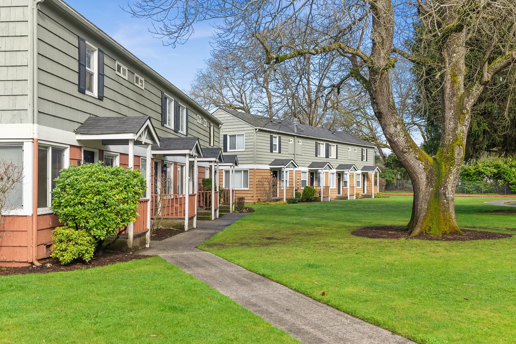 A tree in front of a building with a lawn in between.