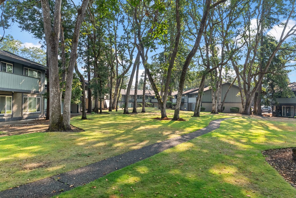 A pathway leads through a grassy area between trees.