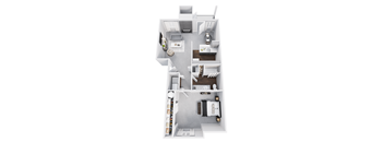 A 3D floor plan of a house with a kitchen, living room, and two bedrooms.