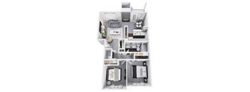 A top-down view of a small apartment with a living room, kitchen, and two bedrooms.
