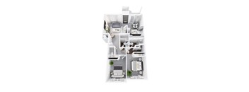 A white floor plan of a house with a living room, kitchen, and two bedrooms.
