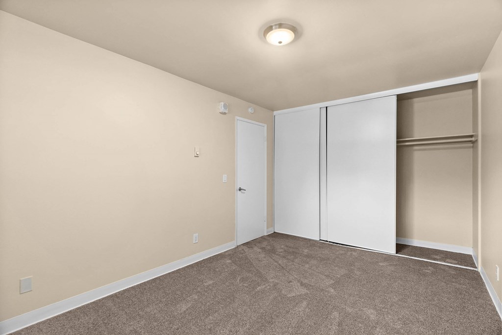 A room with a carpeted floor and a white closet.