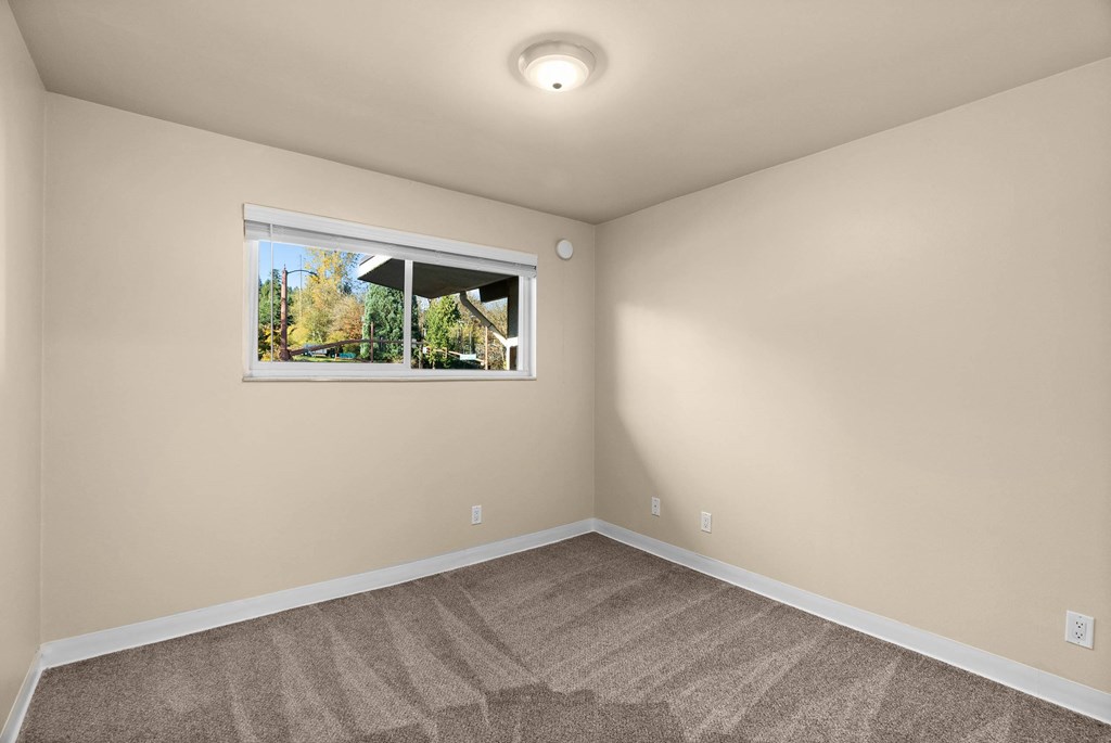 A room with a carpeted floor and a window showing an outdoor view.