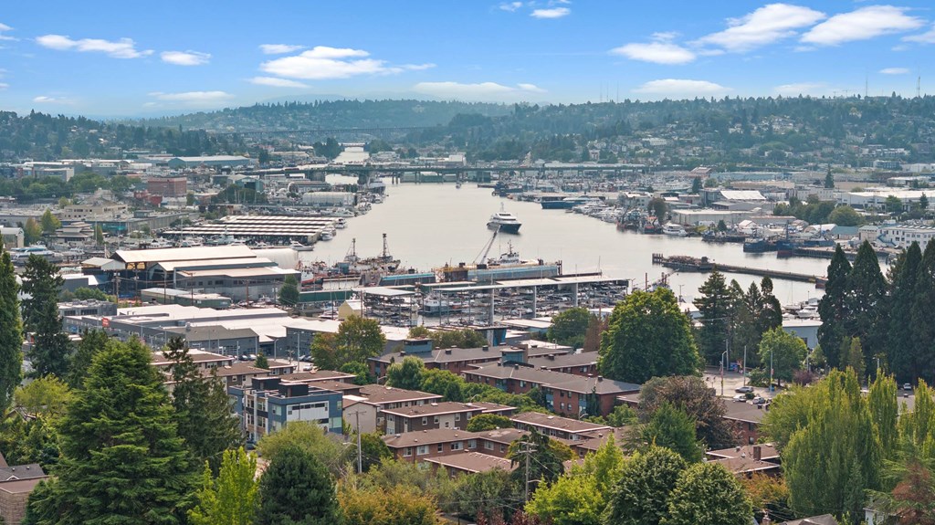 A view of a city with a river running through it.