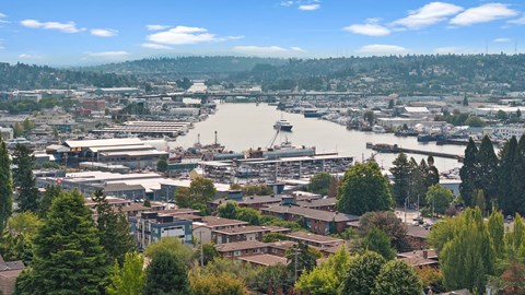 A view of a city with a river running through it.