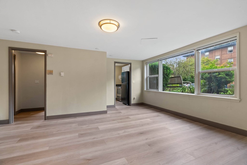 A room with a wooden floor and a window showing greenery outside.