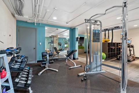 A gym with a variety of equipment including a squat rack, bench, and weights.