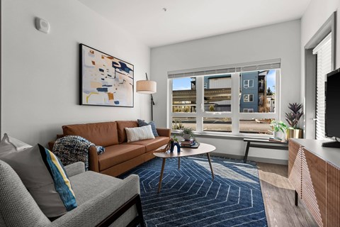 A living room with a brown couch and a blue rug.