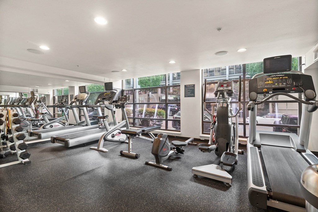 A gym with treadmills, exercise bikes, and other equipment.