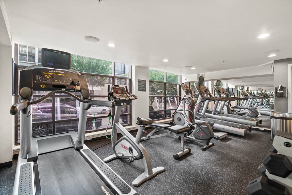 A gym with treadmills, exercise bikes, and other equipment.