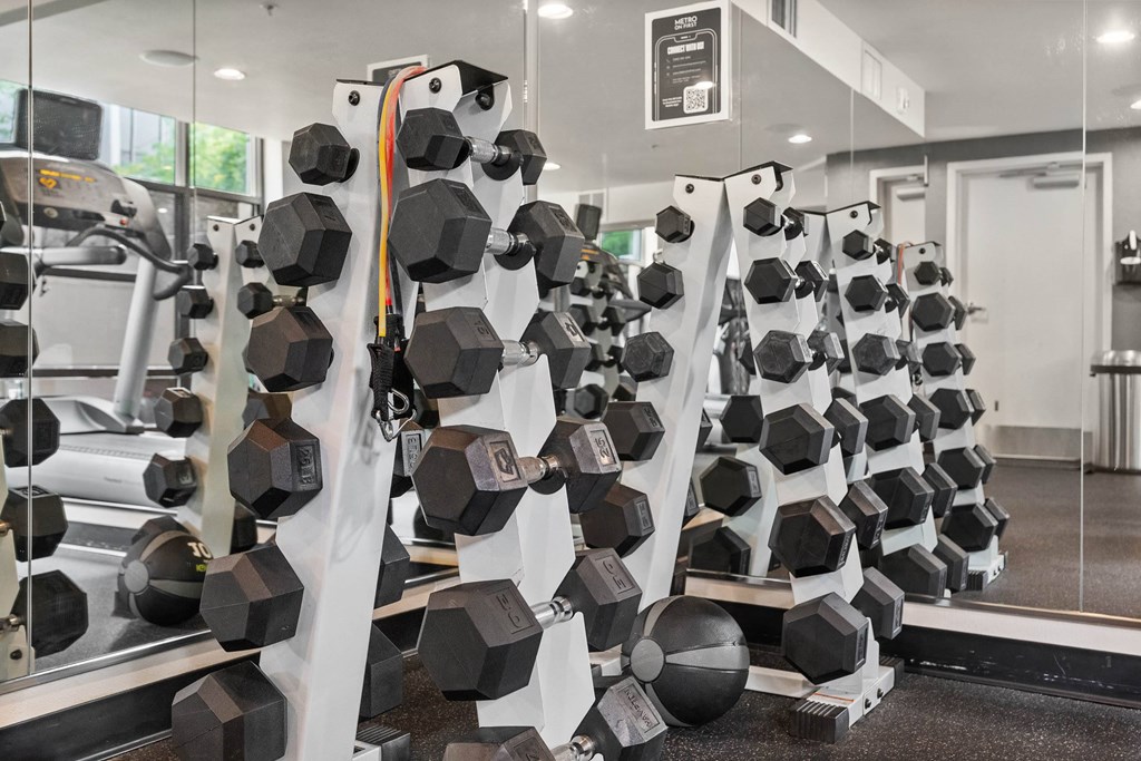 A gym with a rack of dumbbells and a mirror.