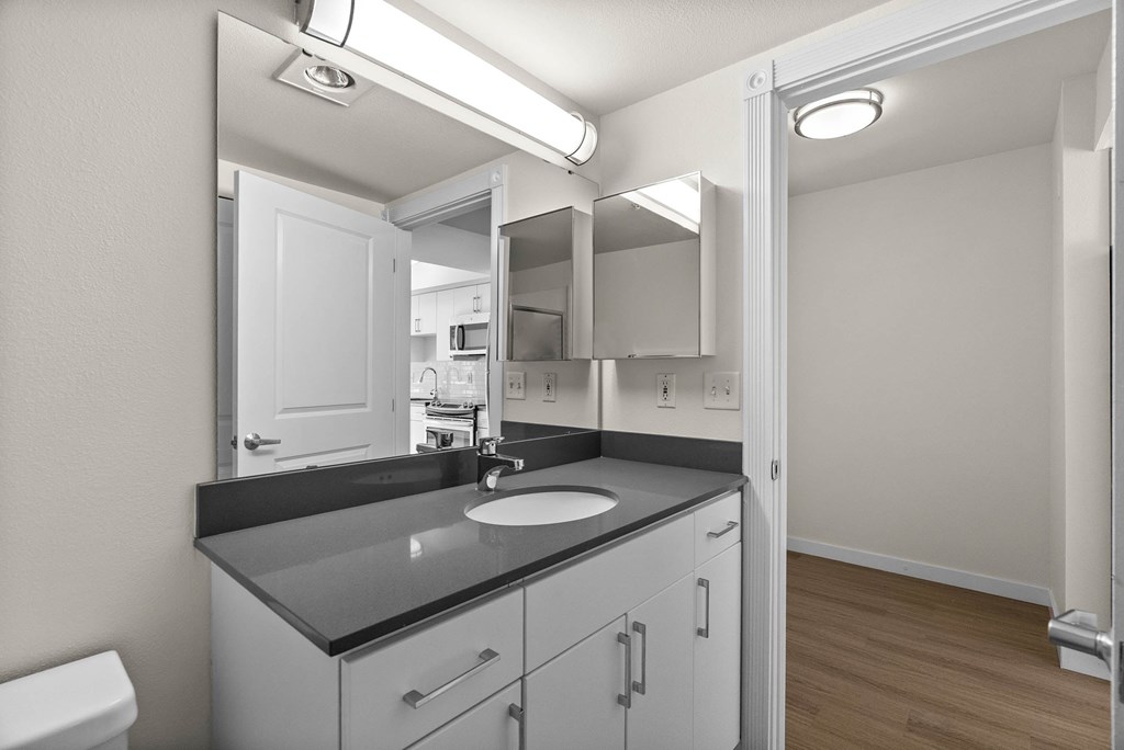 A bathroom with a sink, mirror, and toilet.