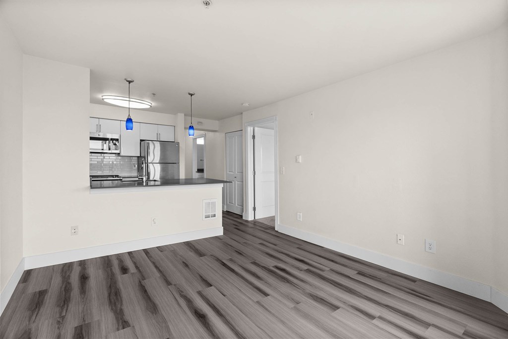 A kitchen with a counter and cabinets is visible from the living room.