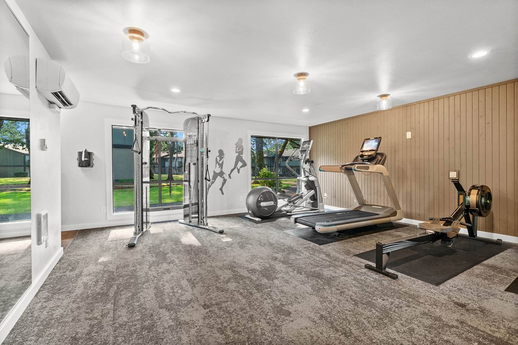 A well equipped home gym with a treadmill, weights, and exercise machines.