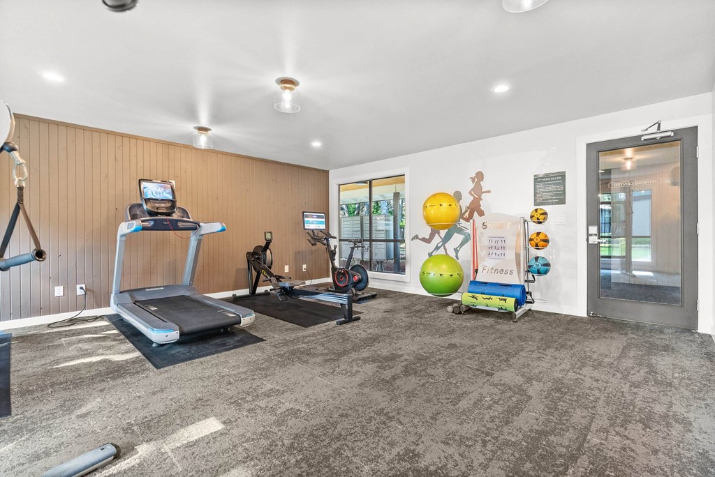 A gym with a treadmill, exercise bike, and other equipment.
