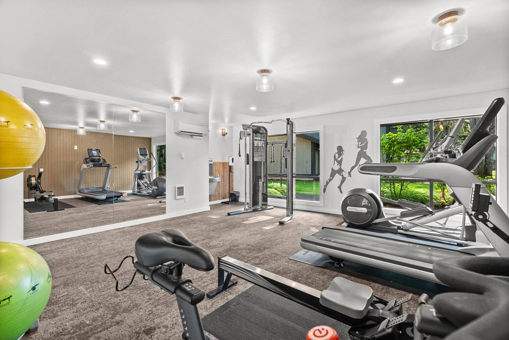 A gym with a variety of equipment including a treadmill, exercise bike, and weights.