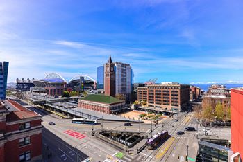 a view of the city from a skyscraper at Icon Apartments, Seattle, Washington