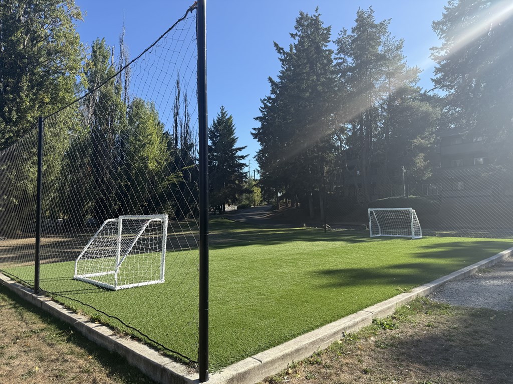 A soccer field with two goal nets and a fence.