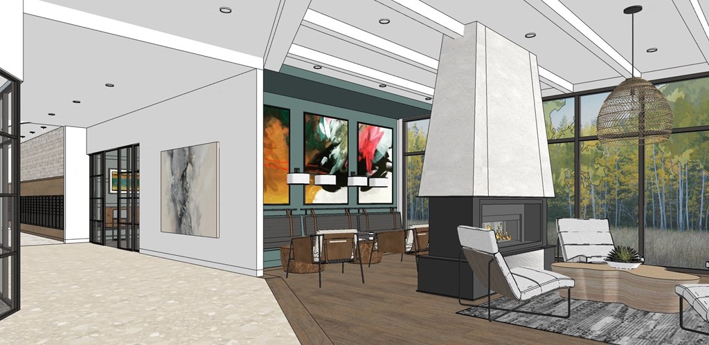 a rendering of a living room with a fireplace