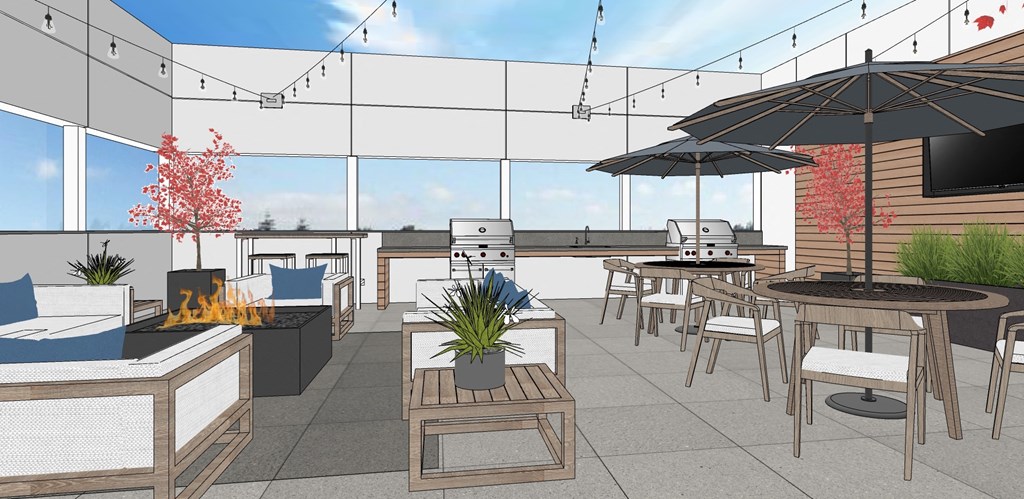 a rendering of a patio with tables and chairs and a fire pit